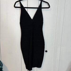 Herve Leger | Black Ribbed Contour Bodycon V Neck Dress - Small